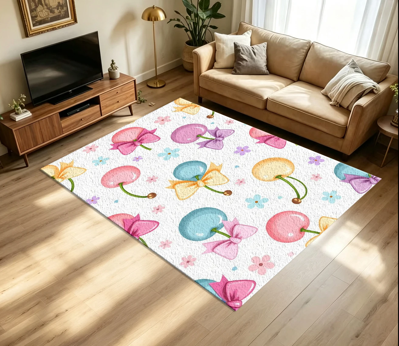 Cute Pastel Cherry Bow Floral Carpet Flooring Sweet Fruit Bowknot Small Flower Repeating Pattern Printed Floor Rug for Household Indoor Home Decoration