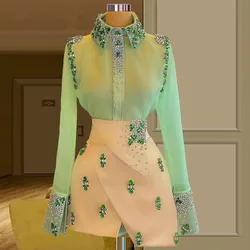 Abiti da cocktail verde lime Guaina maniche lunghe Mini corti in chiffon con perline Abiti da ritorno a casa Haute Couture