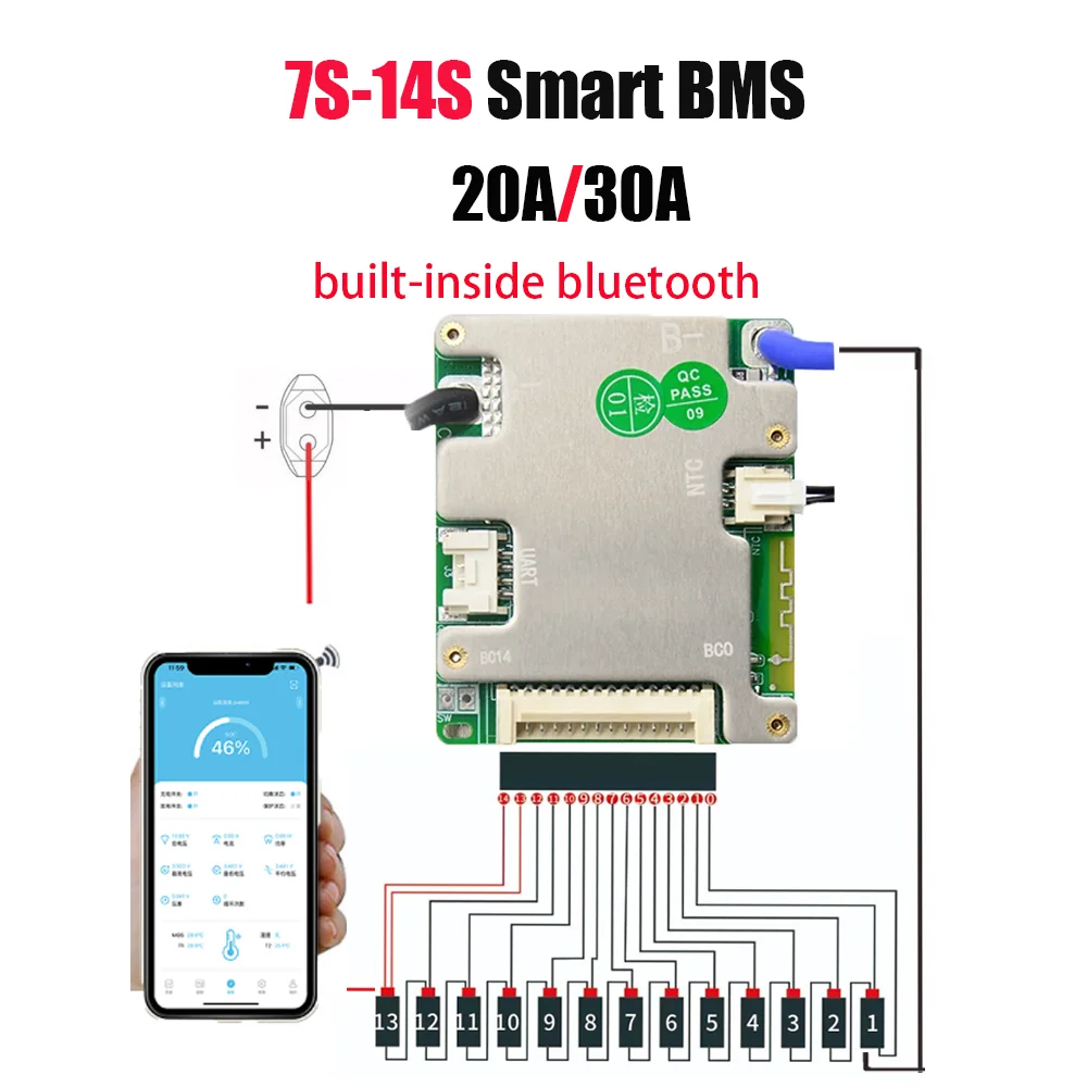 JBD بلوتوث BMS 7S إلى 14S لوح حماية بطارية الليثيوم الذكية BMS 24V 36V 48V 52V Li-ion LifePo4 8S 10S 12S 13S 20A 30A