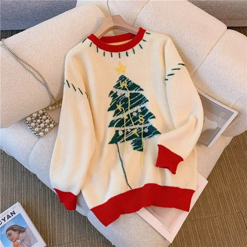 DAYIFUN-Christmas Tree Tassel Design Sweaters Women Autumn Winter Round Neck Contrast Knitted Pullovers Soft Jumpers Top Fashion