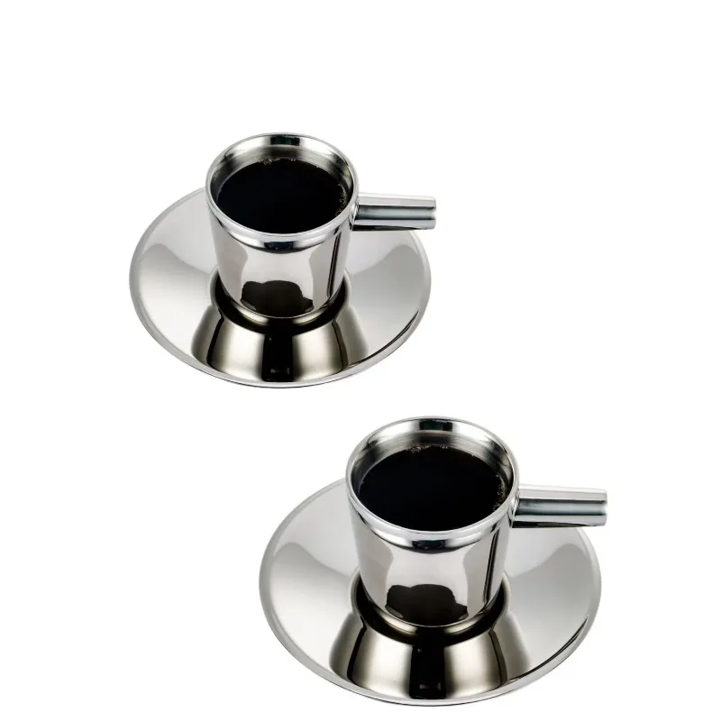 2 Pack Stainless Steel Coffee Cups Set,80ML，Coffee Mugs with Saucer,Double Walled Espresso Cups Mugs Idea for Coffee &Tea Lovers