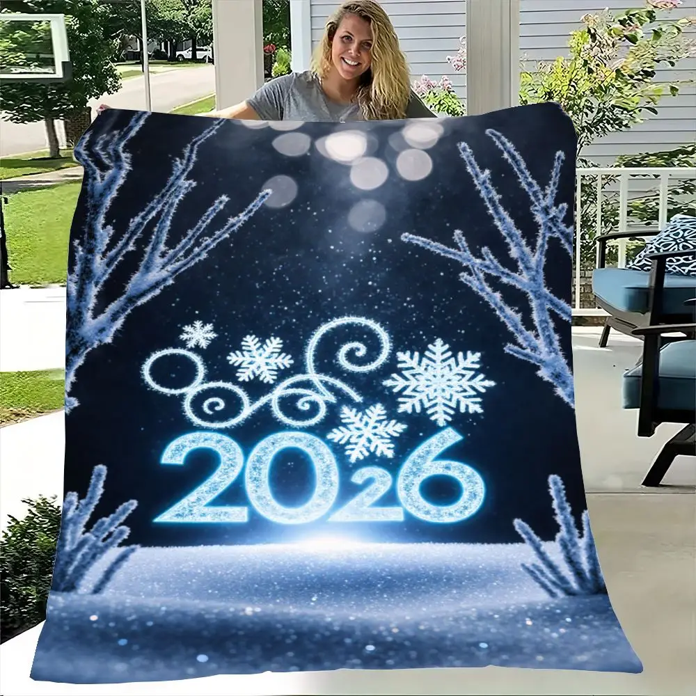 بطانية رمي الشتاء لعام 2026 - بطانية صوف مريحة مع تصميمات ندفة الثلج والدوامة، لوحة ألوان زرقاء جليدية وبيضاء، P