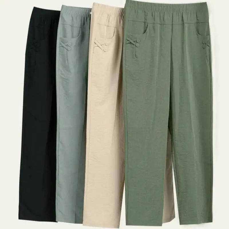 

Women Trousers 2025 Spring Summer Vintage Cotton Linen Fashion Ankle-Length Pants Casual Elastic High Waist Pantalon Femme