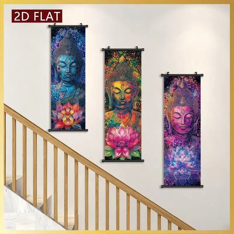 VIKAMA Chakra Buddha Statue Lotus Scroll Tapestry, Sacred Lotus Bohemian Vertical Wall Hanging, Home Decor Backdrop