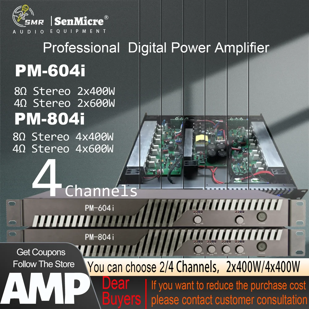 SenMicre PM-840i Профессиональный 4-канальный цифровой усилитель мощности 4x400 Вт 8 Ом Домашний караоке Линейный массив акустических систем Усилитель звука сабвуфера для диджеев на открытом воздухе 4x600 Вт 4 Ом