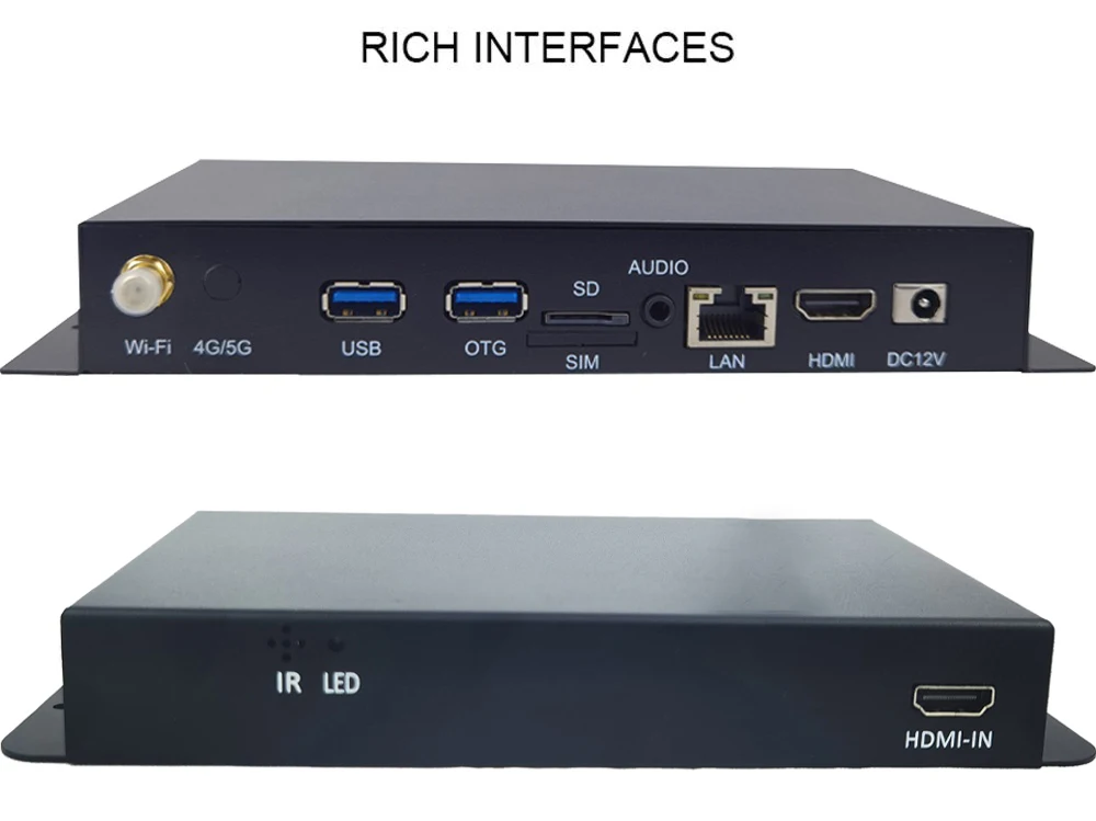 RK3568 Gehäuse 4K UHD HD-MI IN/OUT 4G Modul WLAN Android 11.0 2+32G Wide-Area-Netzwerk CMS LCD Digitaler Werbebildschirm Videoplayer – Detail 10