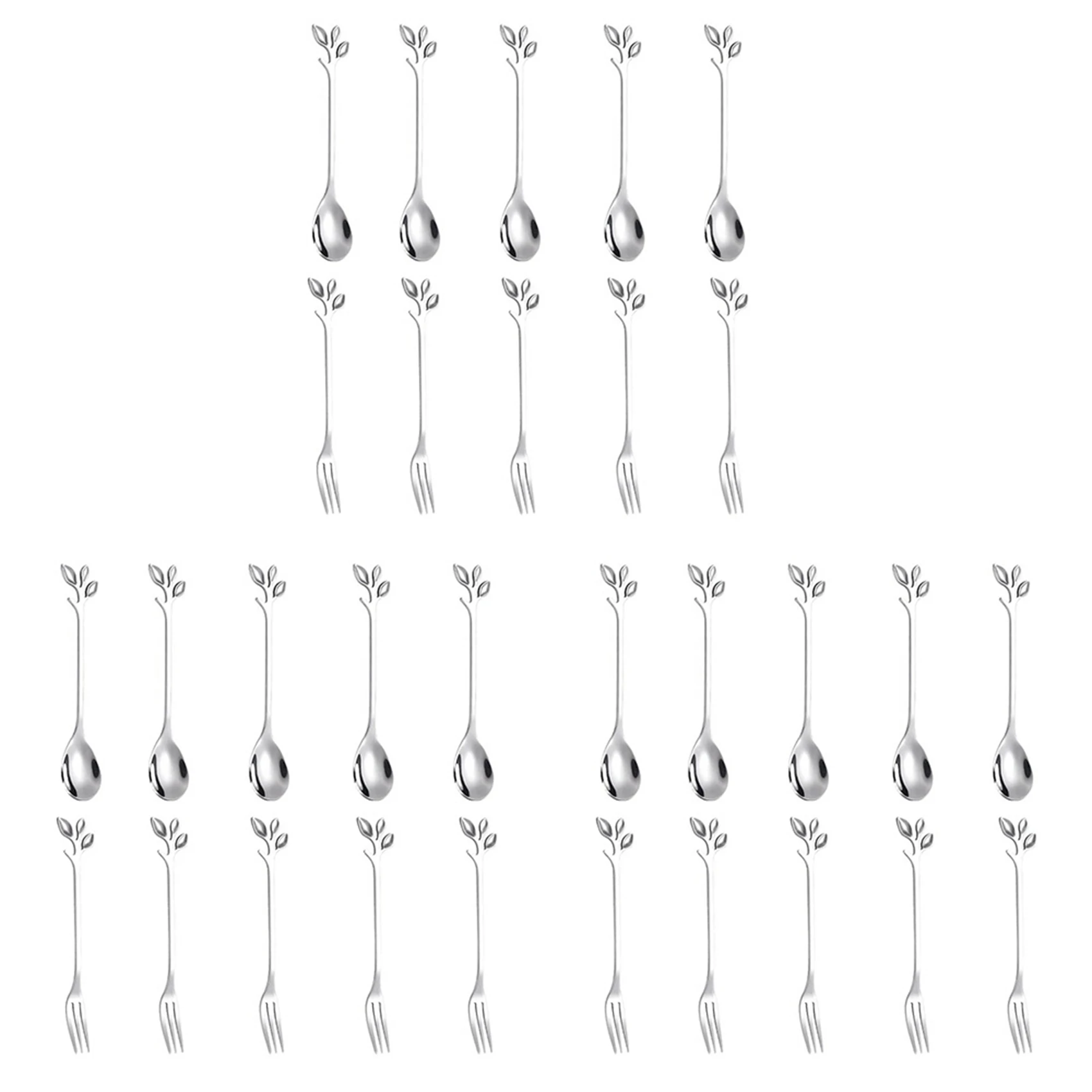 

AT29-15Spoon+15Forks Stainless Steel Leaf Coffee Cake Spoon Fork Dessert Spoons, Stirring Teaspoon Set Silver