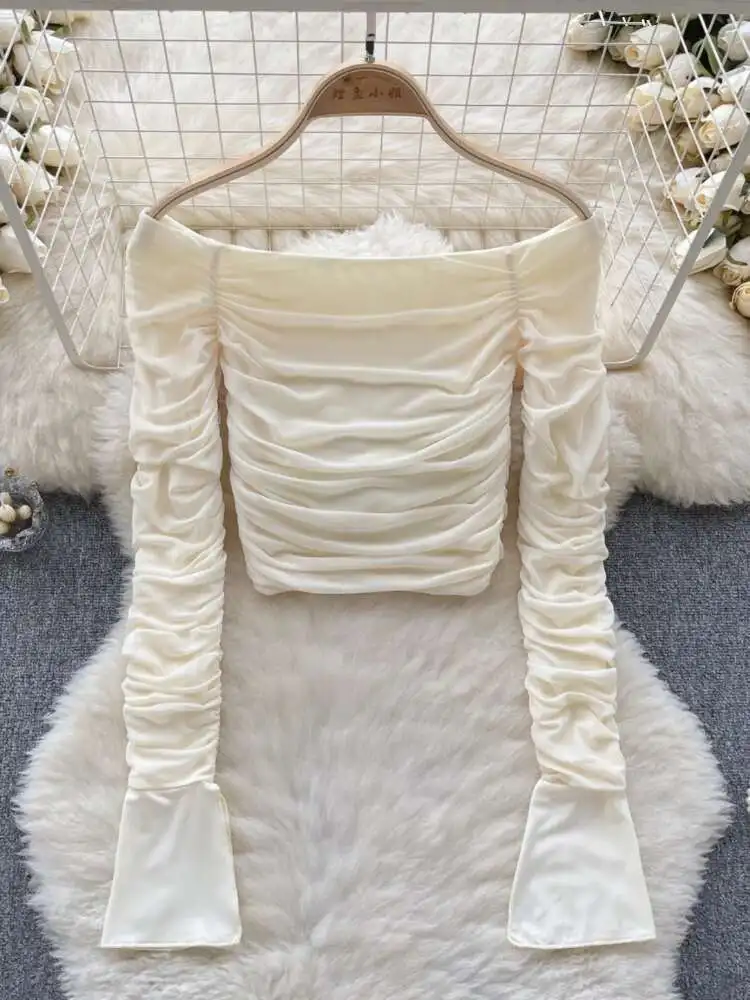 

French Sexy Shirts Women Off The Shoulder Long Sleeved Crop Top Female Pleated Slim Shirt Tops Mujer