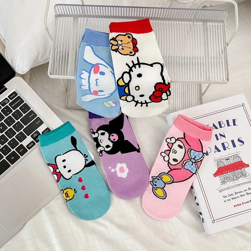 Sanrio Hello Kitty Kuromi носки в стиле аниме, женские носки из чесаного хлопка с низким вырезом, милые носки до щиколотки с героями мультфильмов, японский стиль