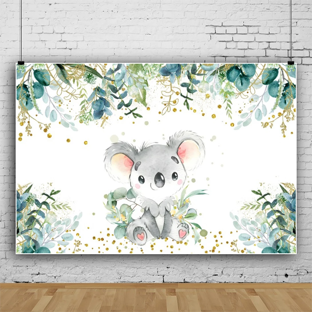 Laeacco Cartoon Koala Baby Shower Backdrop Safari Wild Glitter Green Leaves Kids Birthday Portrait Custom Photography Background