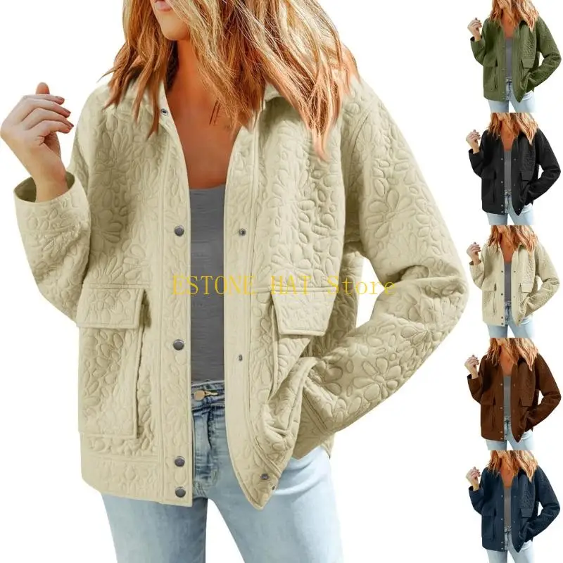 

49MF Jackets for Women Casual Long Sleeve Collared Jacquard Coats Trendy Button Down Shacket with Pockets