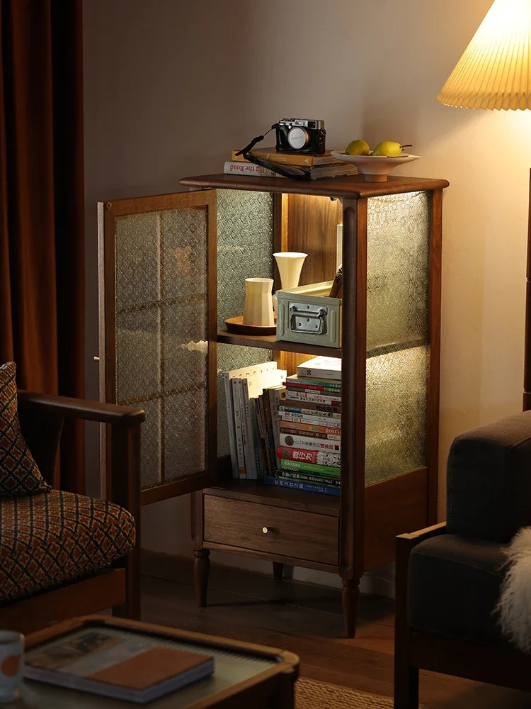 Black walnut solid wood bookshelf, dust-proof glass in living room, display cabinet, storage cabinet