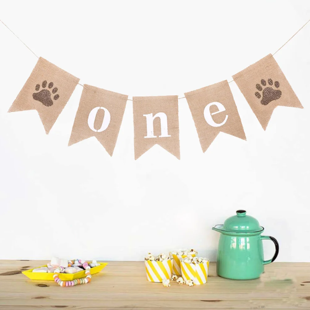 1pc 2m Pull Flag Birthday Party Decorations One Letter Pull Flag Linen Banner with Dog's Paw for Party