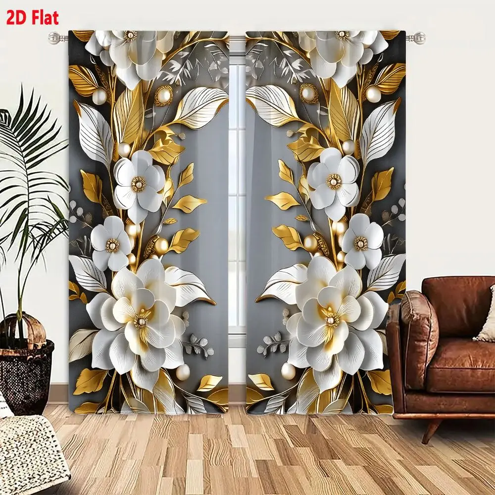 2Pcs Curtains Add 2D Flat Ornate Gold And White Floral Frame With Pearls For Invitation Design Window Drapes for Bedroom Room De