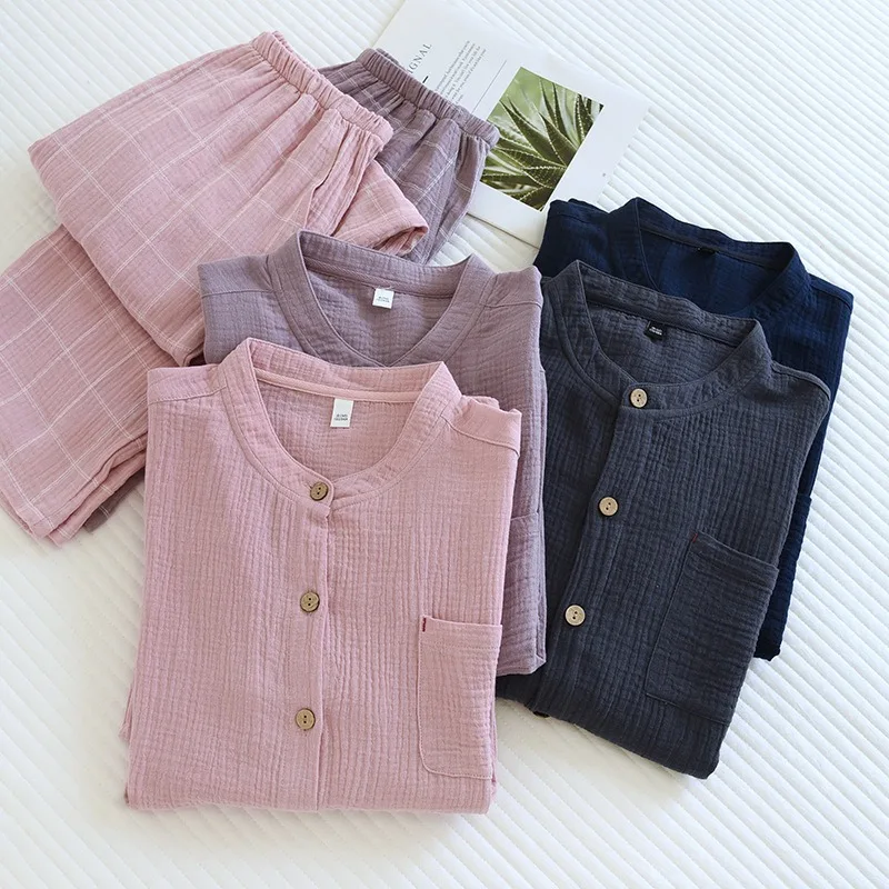 

Autumn Women Men's Soft Solid Color Pajamas Set 100% Gauze Cotton Top+Pants 2PCS Sleepwear Loose Full Sleeve+Pants Homewear