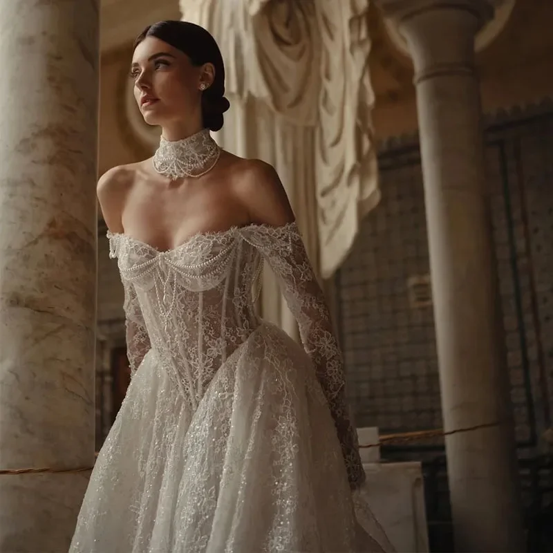 تخصيص رشيقة الدانتيل ألف خط فستان الزفاف الحبيب ثوب العروس أنيقة كم كامل فستان الزفاف مخصص فيستدو #2