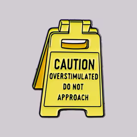 "Caution: Overstimulated" Enamel Pin Funny Warning Quotes Brooches Lapel Pins Badge Clothing Accessories Fashion Jewelry Gifts