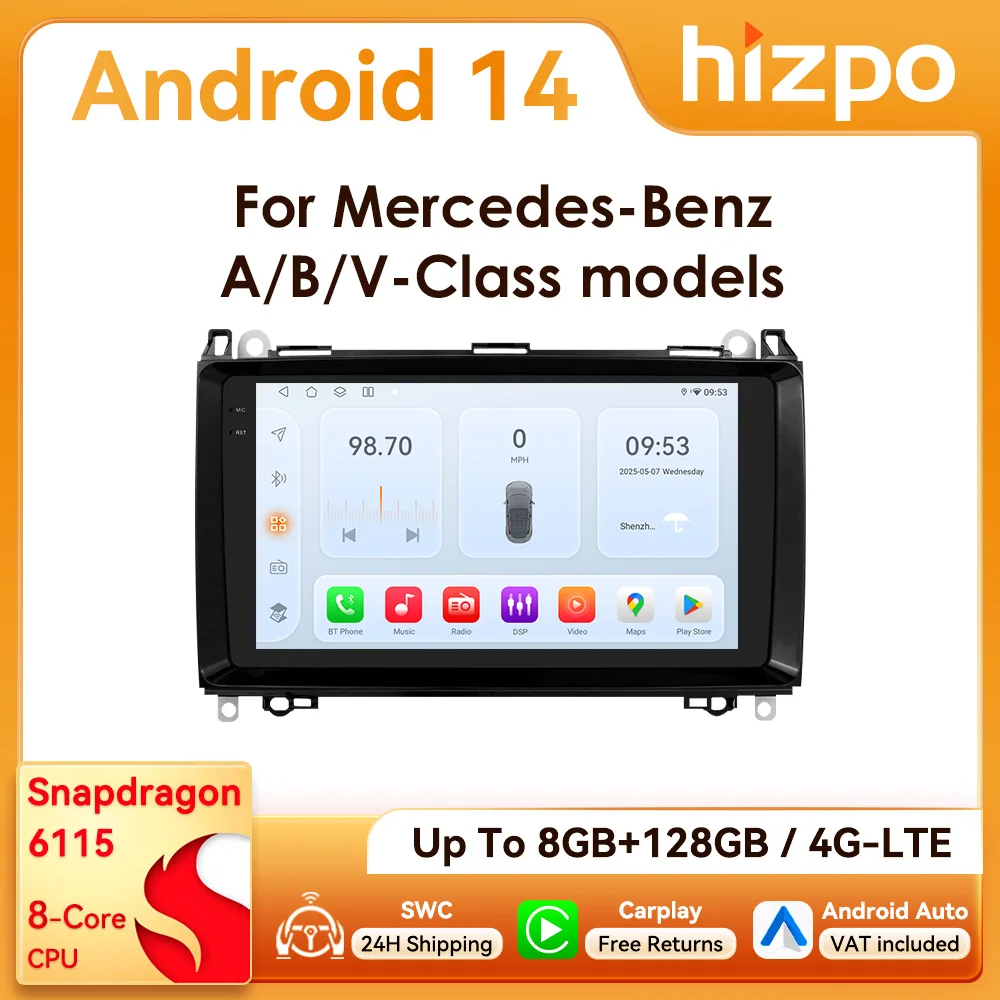 9” Hizpo 2Din Android14 Car Radio for Mercedes Benz Viano Vito W639 B200 W169 W245 Sprinter Snapdragon 6115 4G BT Auto CarPlay