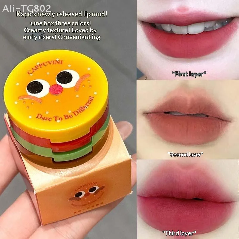 Cappuvini 1 szt. Trójwarstwowa aksamitna pomadka w piance, matowa, długotrwała, nie wywołująca wysuszenia, uroczy wzór hamburgera, kompaktowa, przenośna pomadka.