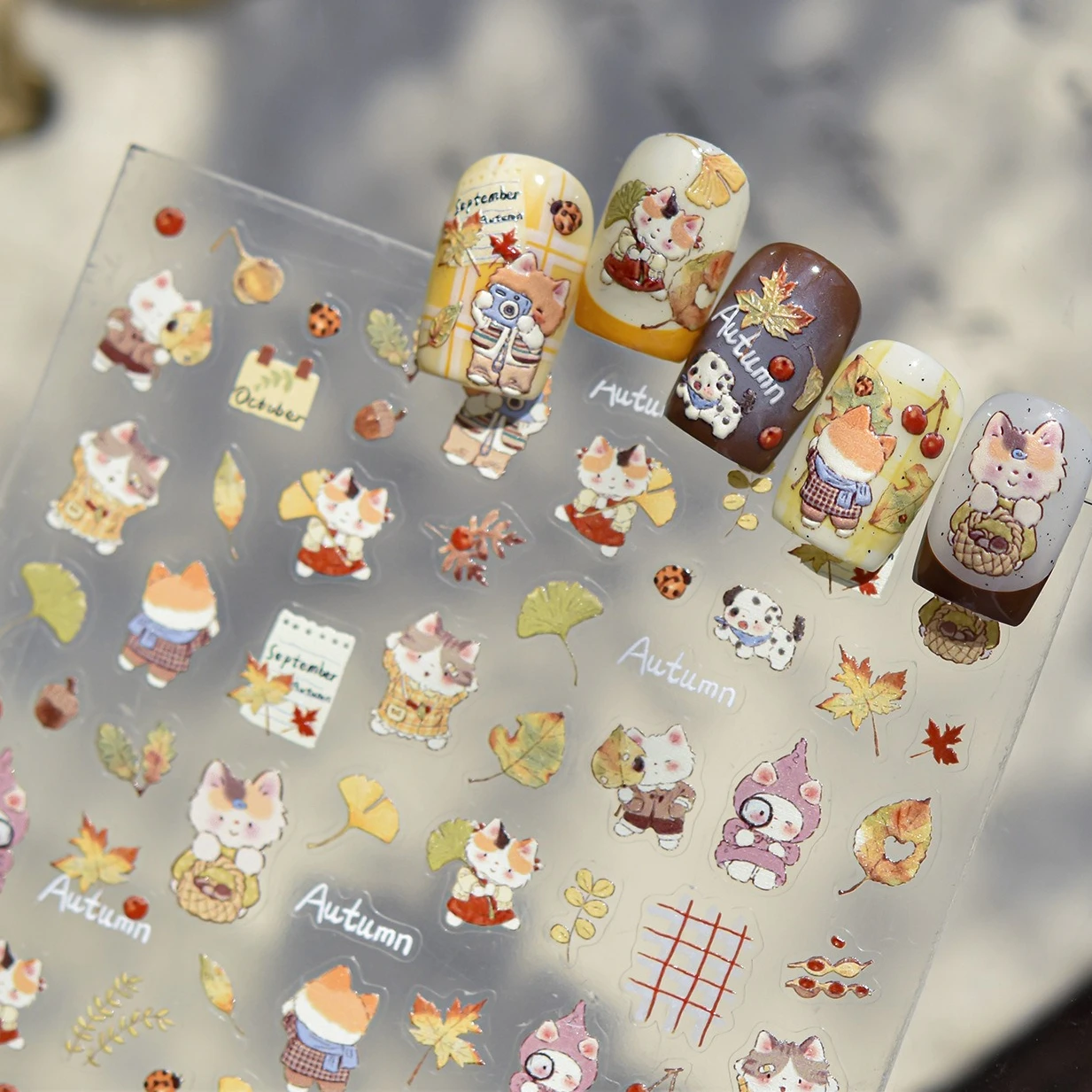 Herfst ontbladering Ginkgo blad esdoorn bladeren herfst fruit dennenappel lieveheersbeestje kersen puppy gird kat nail art stickers manicure stickers