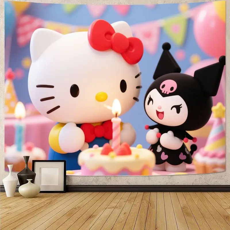 

1 шт. Sanrio Hello Kitty & Kuromi, гобелен из полиэстера для празднования дня рождения, милый кавайный настенный художественный декор для комнаты, подарок для фанатов