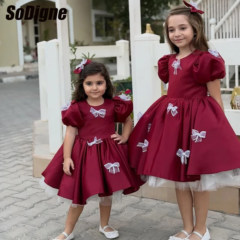

SoDigne A-line Satin Flower Girl Dress O-neck Short Puffy Sleeves Flower Princess Girl Skirt Party Dress Kid Gown Customized