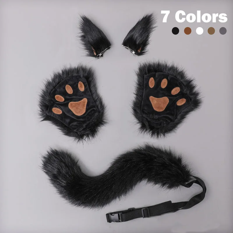 

7 Colors Fox Cat Ear Tail Gloves Set Furry Cute Paw Hair Clip Cosplay Party Plush Fursuit Animal Ear Tail Halloween Costume