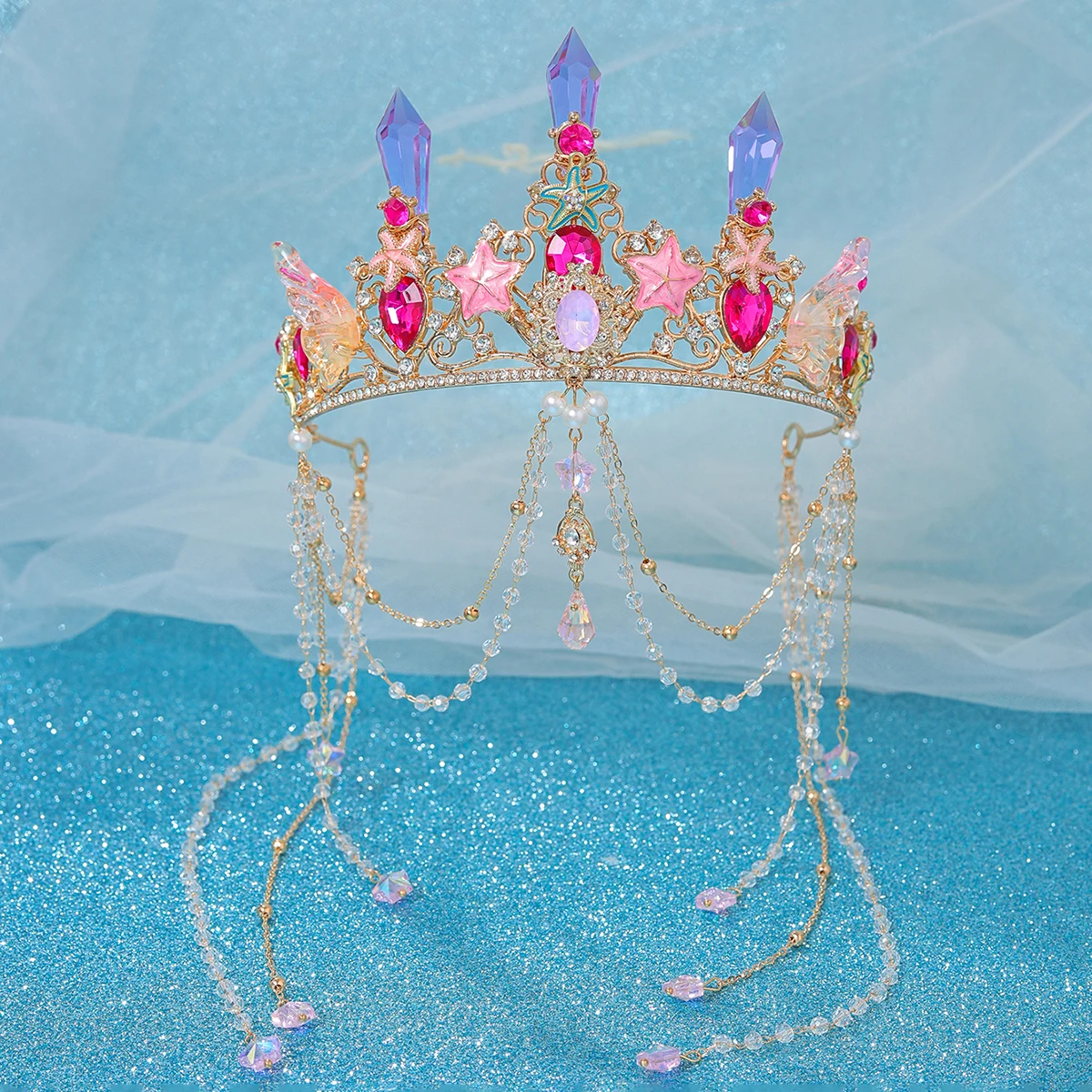 Fashion Crystal Rhinestone Tiaras And Crowns For Women Bride Tassel Diadems Wedding Hair Accessories Princess Sea Party