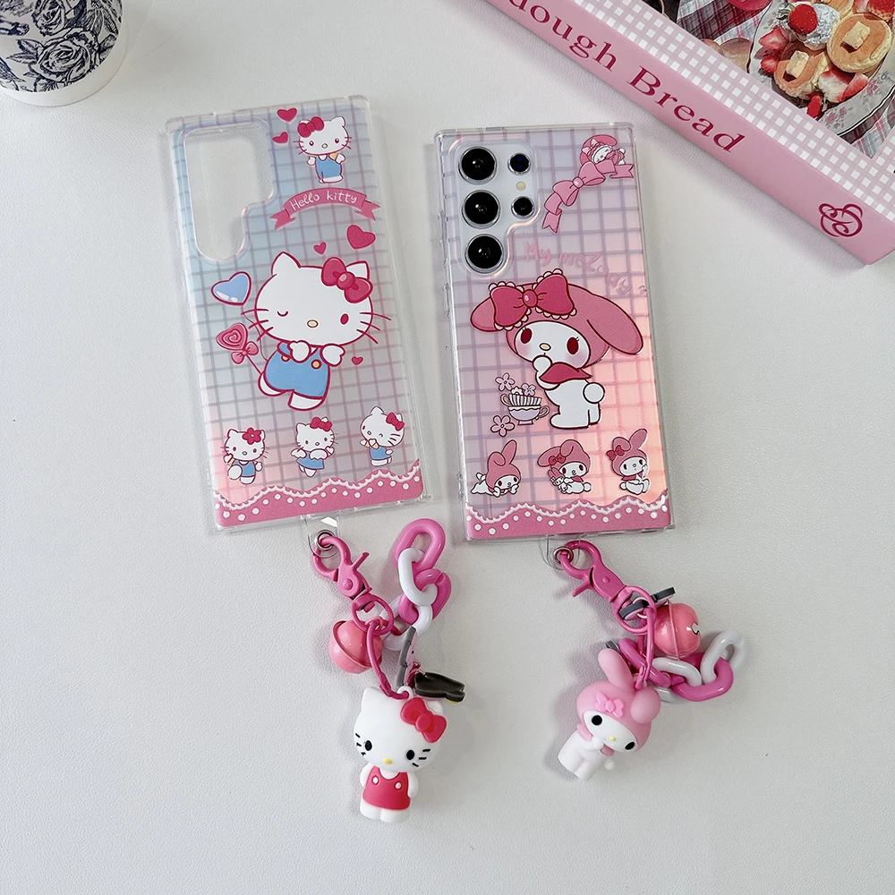 

Luxury Laser Hello Kitty My Melody pendant Phone Case for Samsung Galaxy S22 S23 S24 FE Plus Ultra A53 A54 A34 5G Back Cover