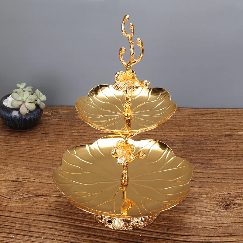 

Gold Leaves 2 Tiers Dessert Stand Metal Alloy Iron With Plum Blossom Center Sticker Handle Jewelry Storage Serving Trays Holders