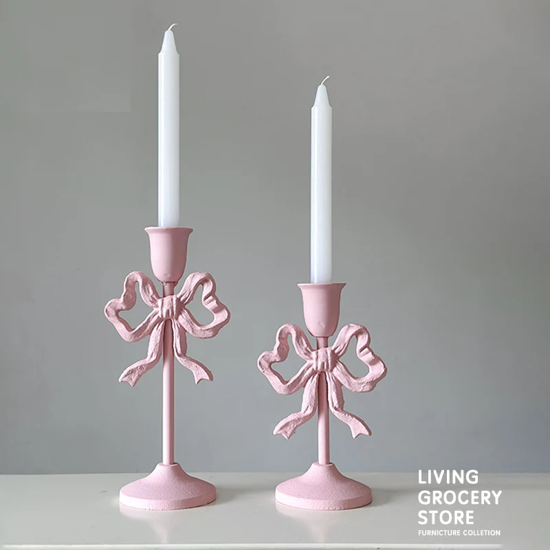 Retro Pink Bowknot Candlestick Cast Iron Single Head Wax Holder White Classical  Candle Holder Ornaments Diningtable Decor
