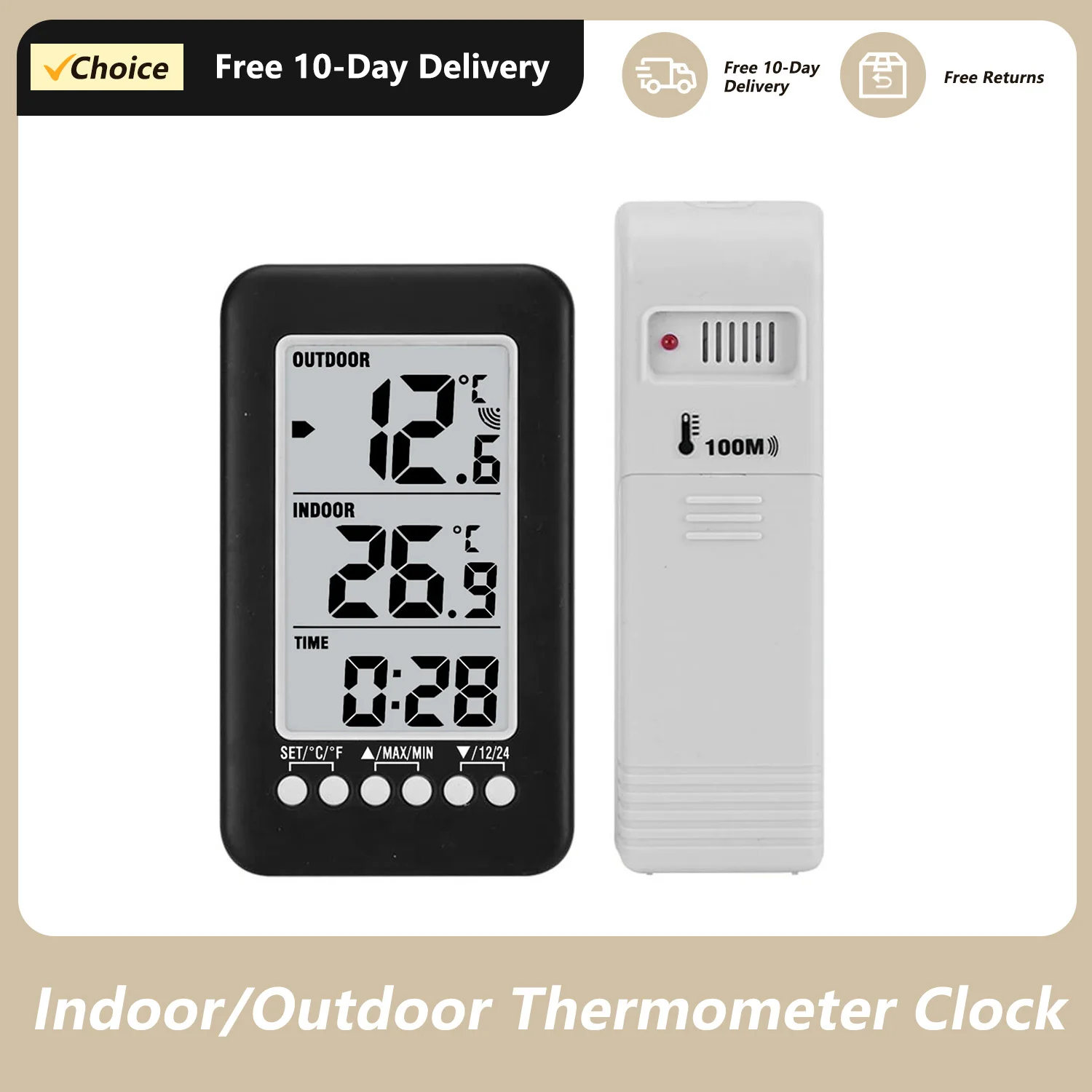 LCD ℃/℉ Digital Wireless Indoor/Outdoor Thermometer Clock Temperature Meter With Transmitter