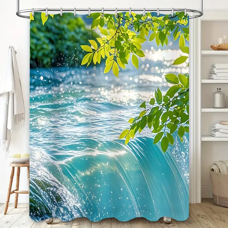 Fresh Waterfall and Green Leaves Shower Curtain for Bathroom - Nature Scene Decorative Waterproof Durable  Rustproof Hooks‌