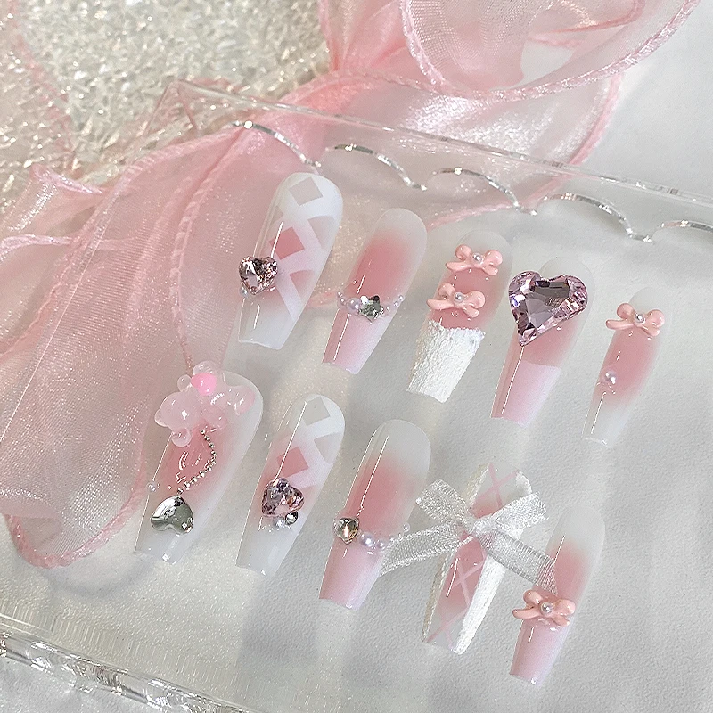 Nail art en forme de cercueil fait à la main, beaux faux ongles, nail art d'amour romantique rose et blanc, adapté aux femmes, 10 pièces