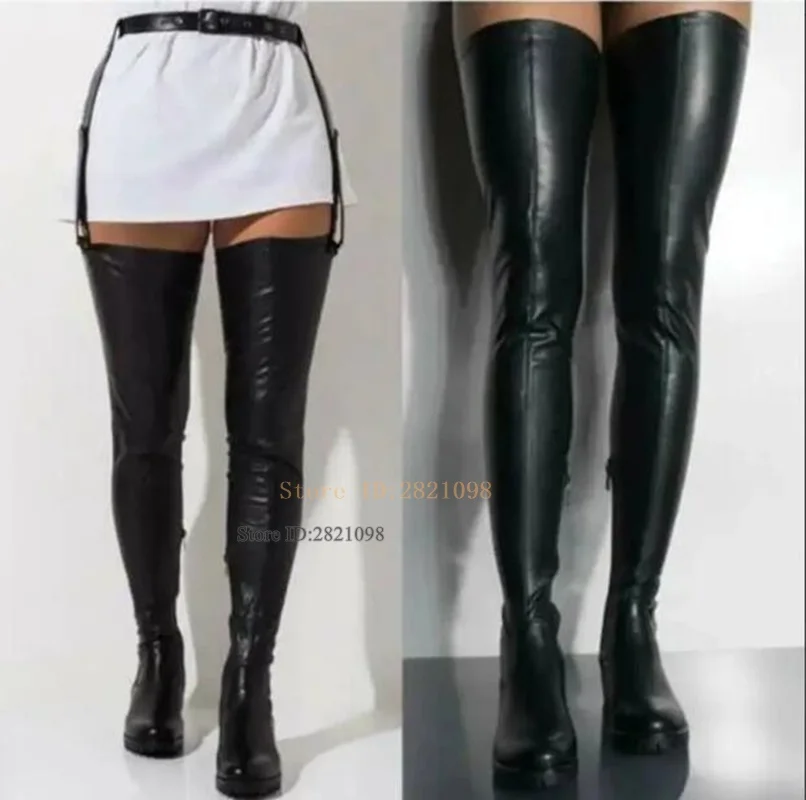 Black Leather Flat Heeled Over The Knee High Boots Women Belt Designer Low Heel Pointed Toe Long Booties