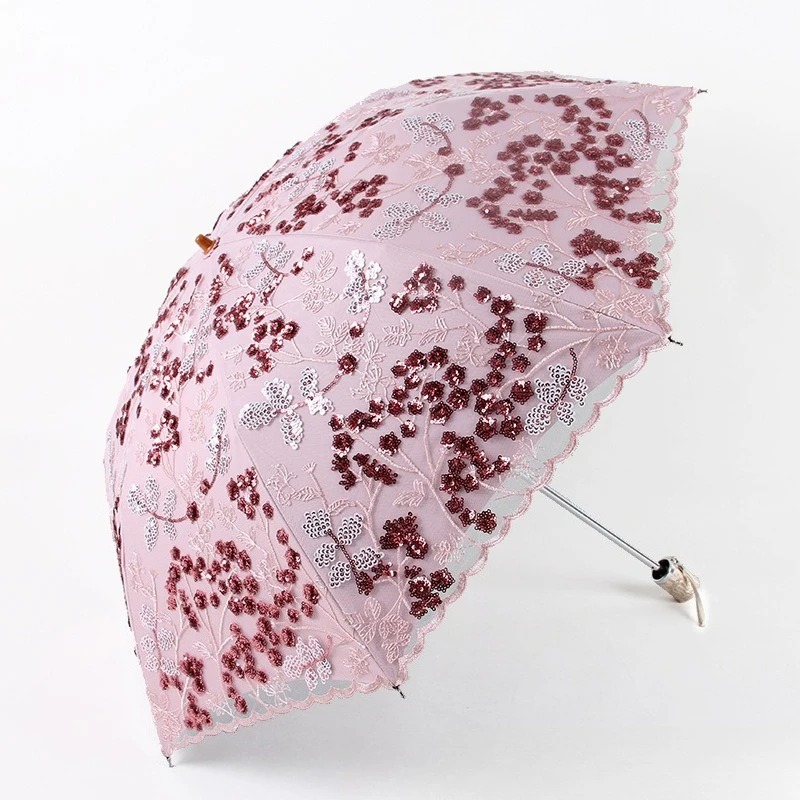New Design Lace Embroidery Sun Umbrella- 2 Fold Double Layer Black Coating 99% UV Protection,Compact Windproof Parasol for Women