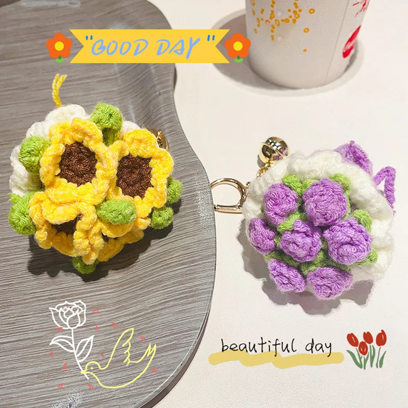 Cute Crochet Bouquet Keychain Mini Hand-knitted Flower Keychain Ring Car Bag Hanging Pendant Ornament Lover Valentine's Day gift