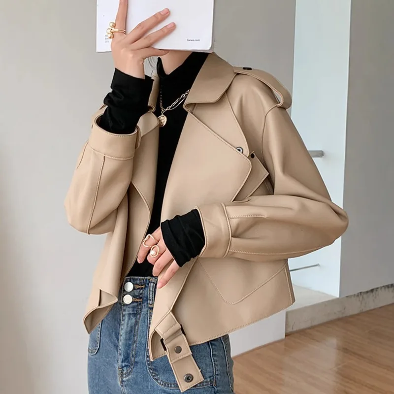 

Весенне-осенняя новая кожаная куртка, женская куртка из овчины, свободная корейская версия, короткая куртка большого размера, изысканная простая повседневная куртка