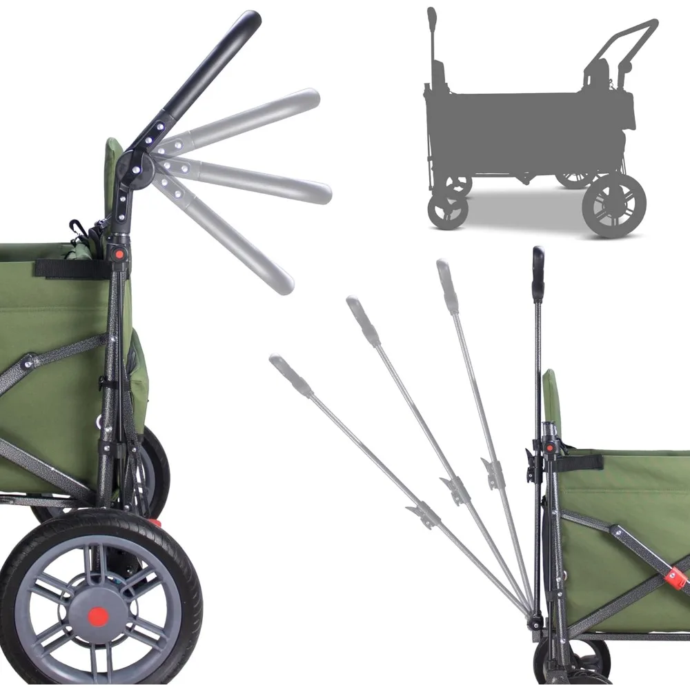 Składany wózek transportowy z szybkozłącznymi kółkami, 2 siedzenia, wytrzymały, udźwig 120 kg, idealny na kemping, do ogrodnictwa i na zewnątrz.