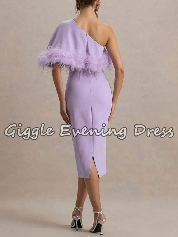 Giggle أرجواني منتصف العجل طول ريشة فساتين حفلات الكوكتيل نصف كم موضة المرأة مساء نادي العودة للوطن فساتين مخصصة