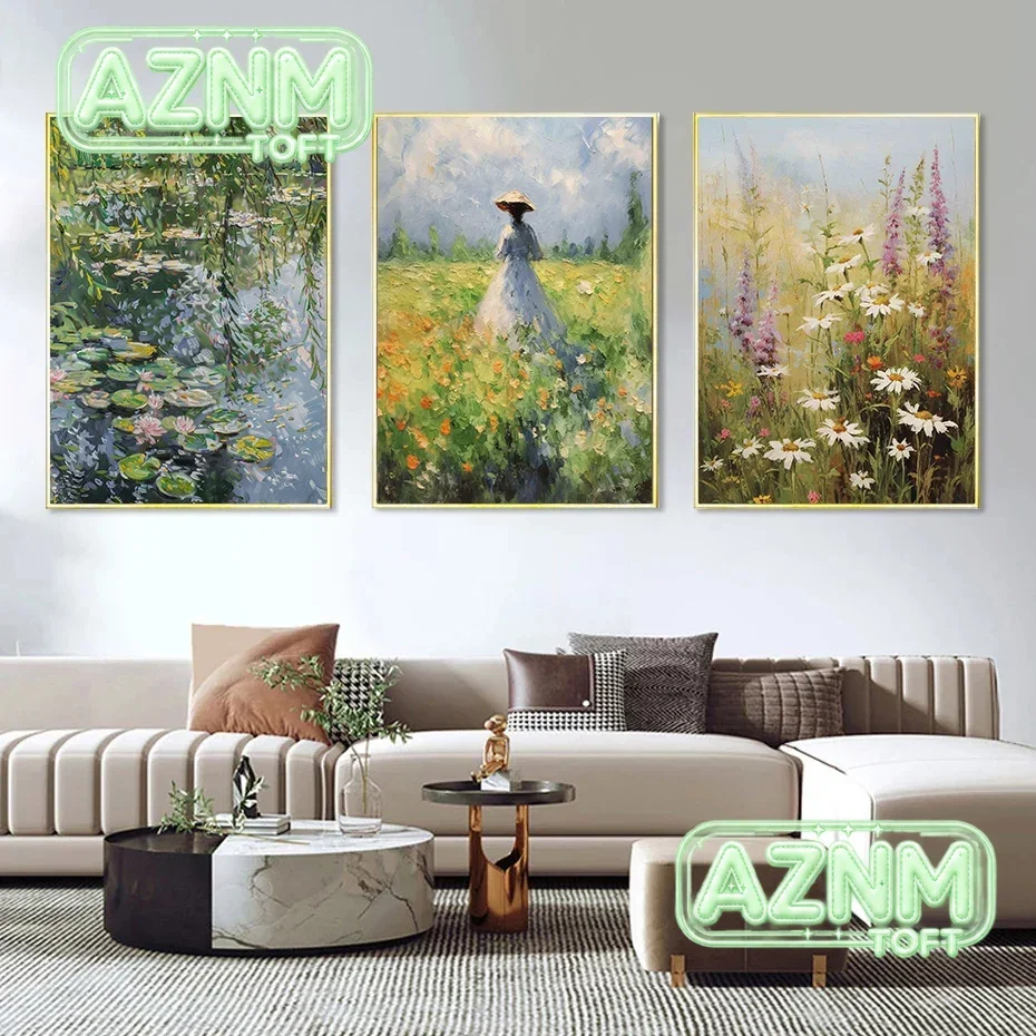 Lotus Koi Carp Spring Wildflower Country Field Landscape Muted Poster Canvas Painting Print for Living Room Home Farmhouse De
