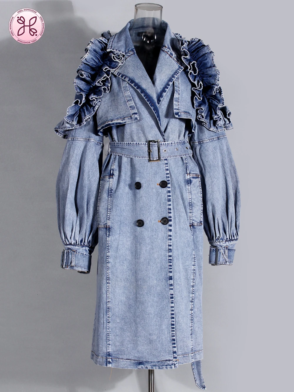 

Autumn Oversized Blue Long Denim Trench Coat for Women Double Breasted Ruffle Loose Casual Fashion Overcoat 2025