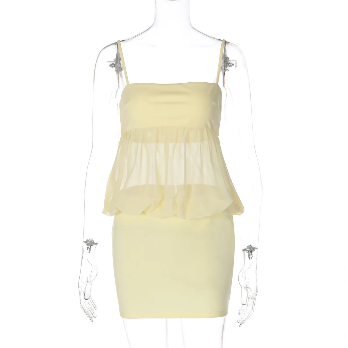 DSMTRC Valentine's Day Women Yellow Mesh Patchwork Sheath Mini Dress Summer Party Spaghetti Strap Solid Sexy Hollow Out Dresses