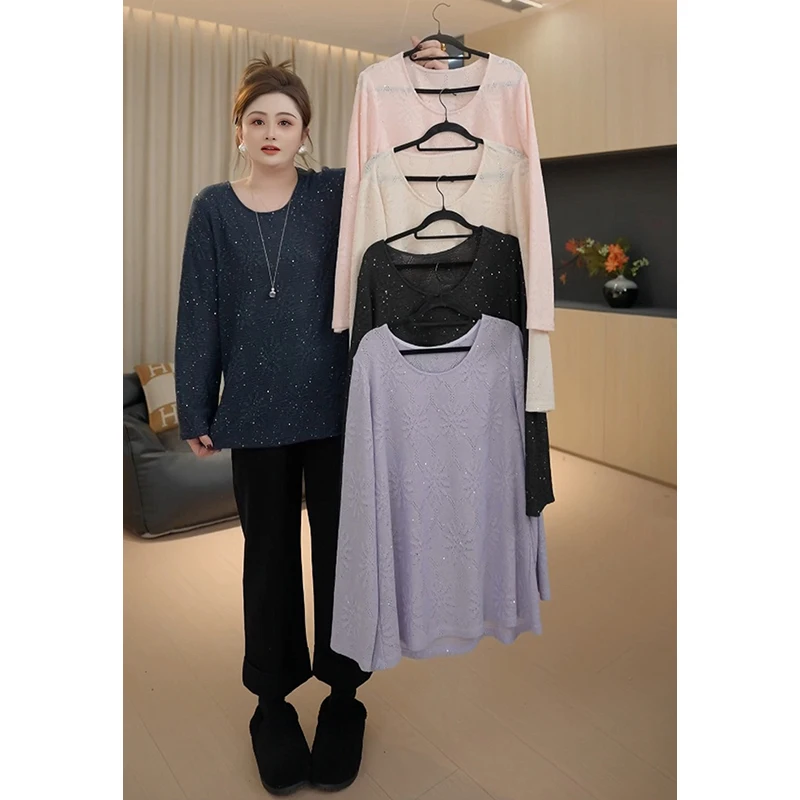 

Sparkling Long Sve Knitted Sweater Night Firework Pattern plus Size Women's Casual Sle Polyester Fiber round Ne Top