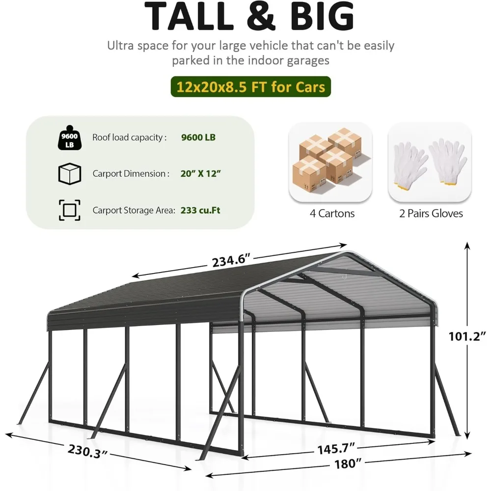 مظلة Carport 12x20 FT شديدة التحمل مع هيكل إطار محدث وسقف فولاذي مجلفن وقاعدة محسنة #2