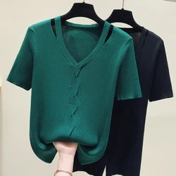 Spring Summer Women Sweaters Short Sleeves V-neck Bottoming Shirt Knitwear 2023 Camel Green Black Pullovers Korean Jumpers