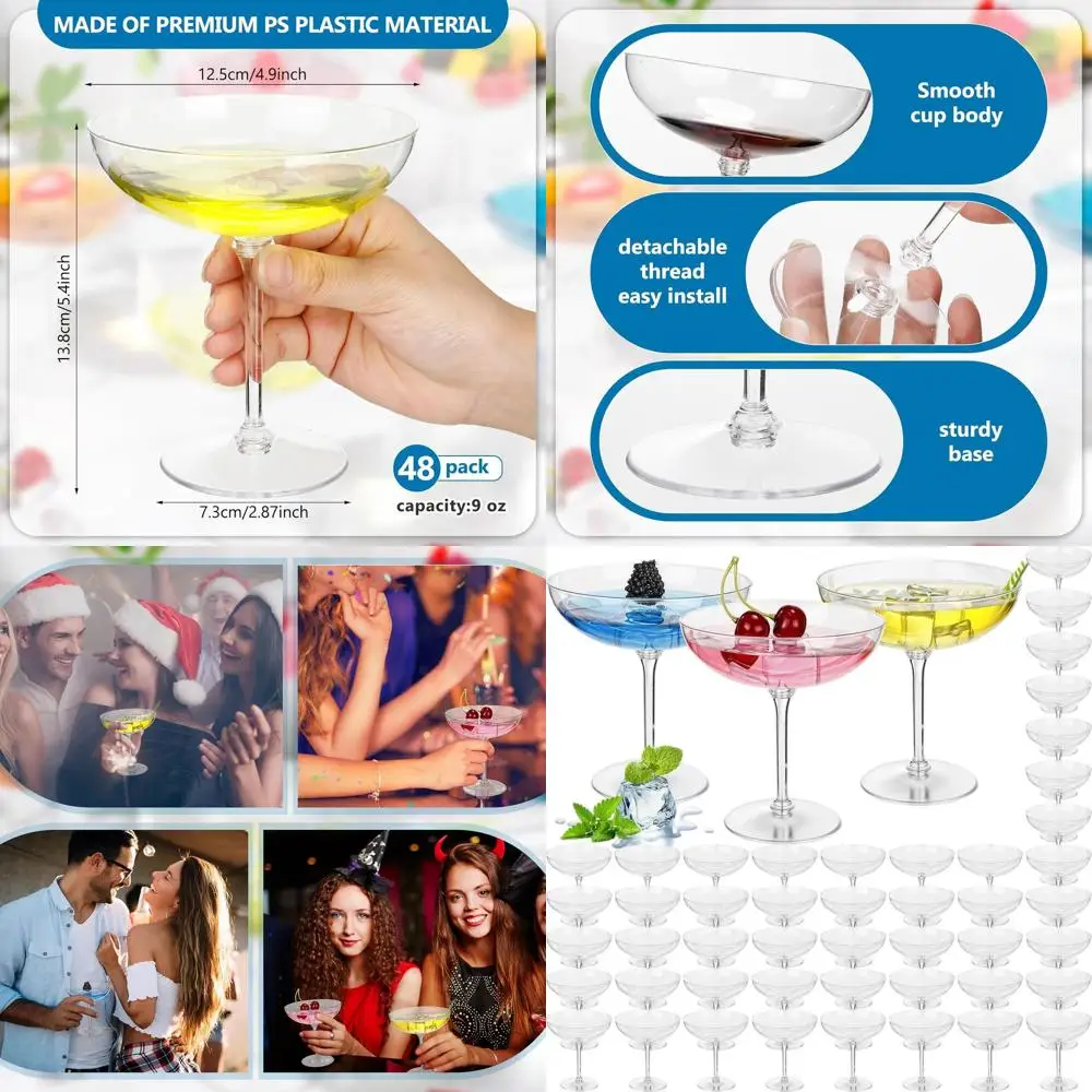 

Set of 48 Clear 9oz Plastic Martini Glasses for Cocktails, Desserts, Champagne, and Party Decor