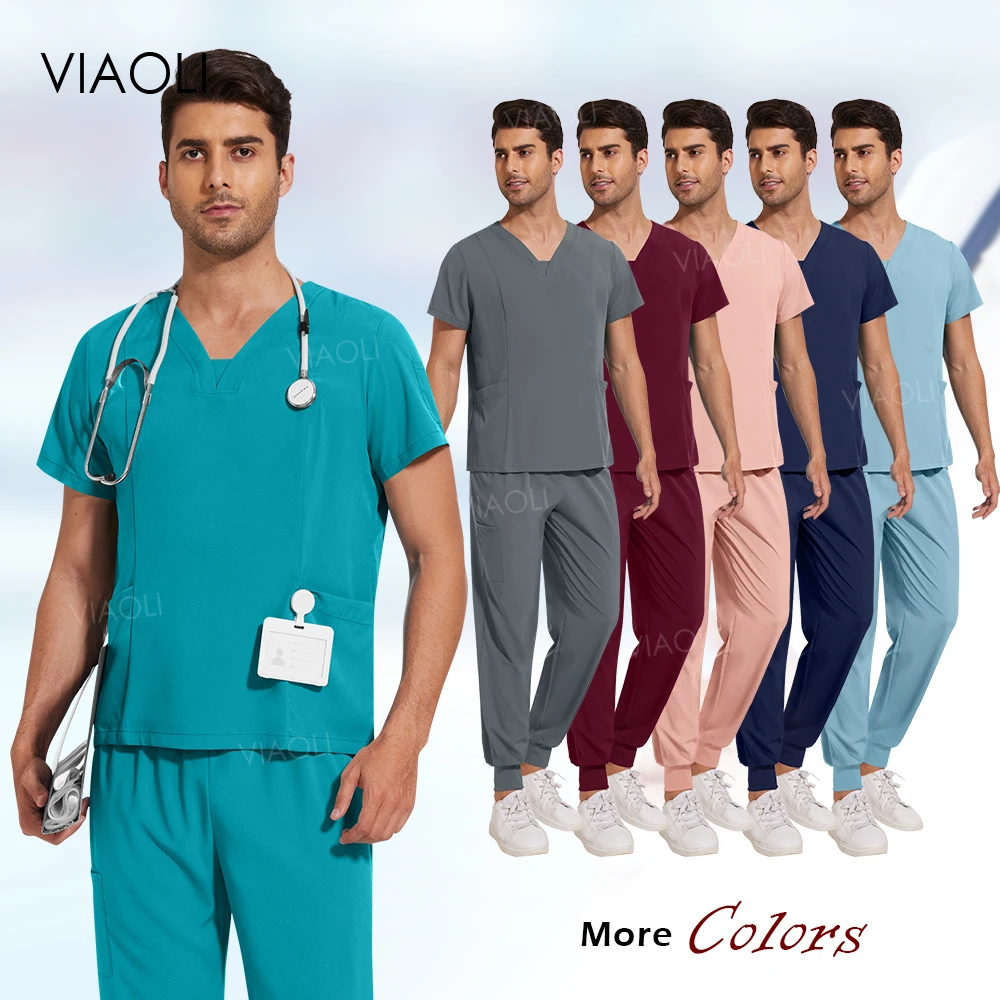 Medical Scrubs for Men Doctor Operating Room Breathable Medical Clothing Veterinary Unifroms V-Neck Top Pant Sets Nurse Uniforms