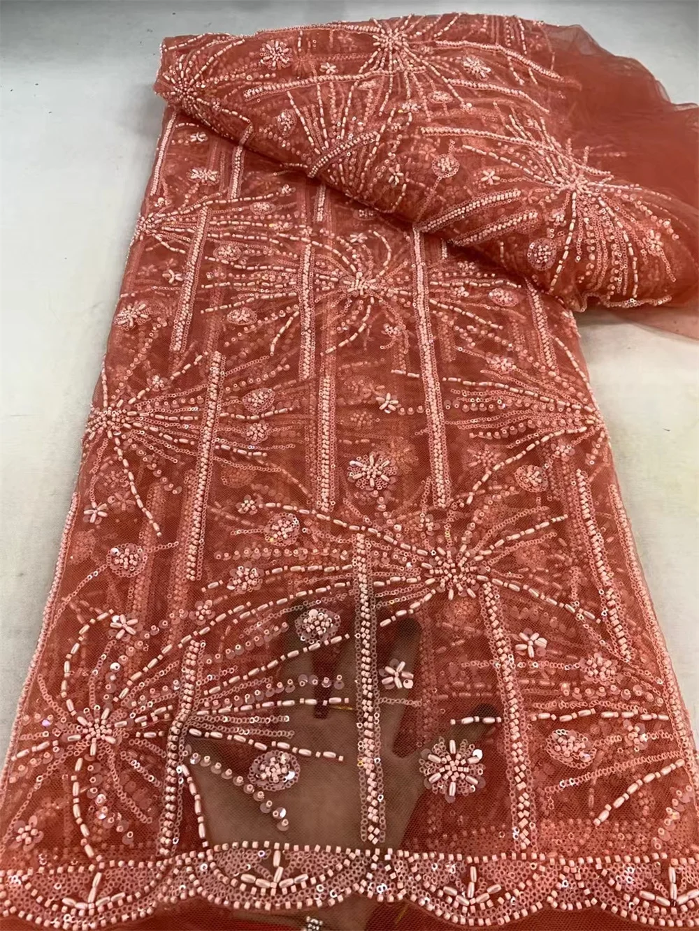 African French Handmade Beaded Lace Fabric For Women, Sewing Sequins, Nigerian Embroidery, Peach High Quality 2024 Latest A781-1