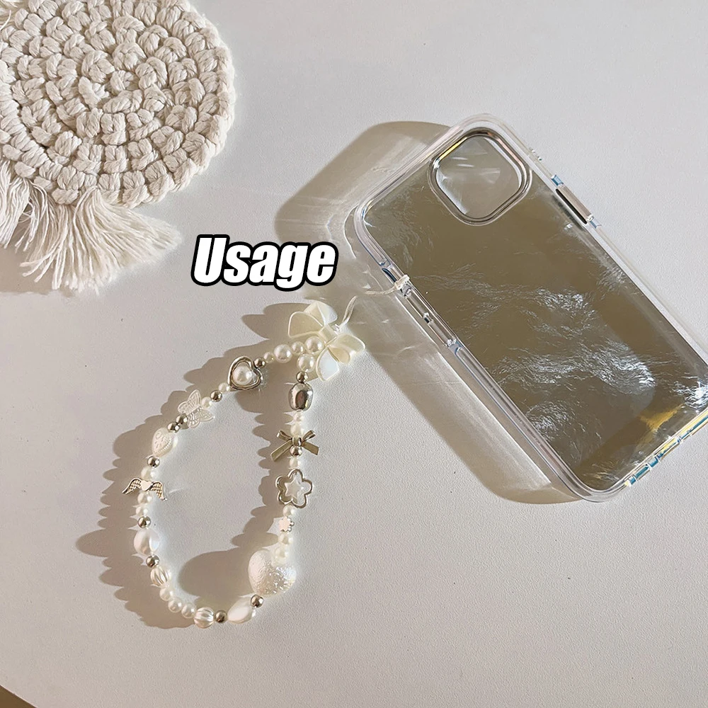IPhone用ビーズ電話チェーン,カメラコード,紛失防止ストラップ,ペンダントジュエリー,白い弓,ハート,パール,かわいい,イン,韓国